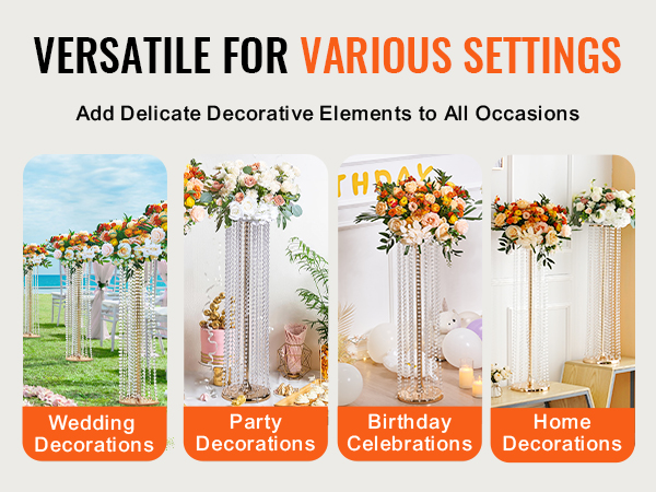 VEVOR crystal wedding flowers stand for weddings, parties, birthdays, and home decorations with floral arrangements.
