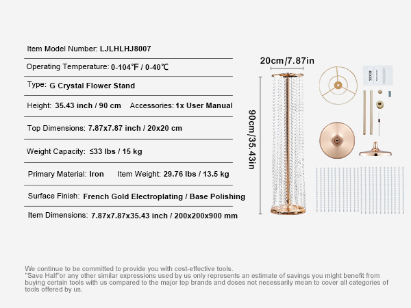 VEVOR crystal wedding flower stand, 35.43in height, iron material, gold finish, assembly parts shown.