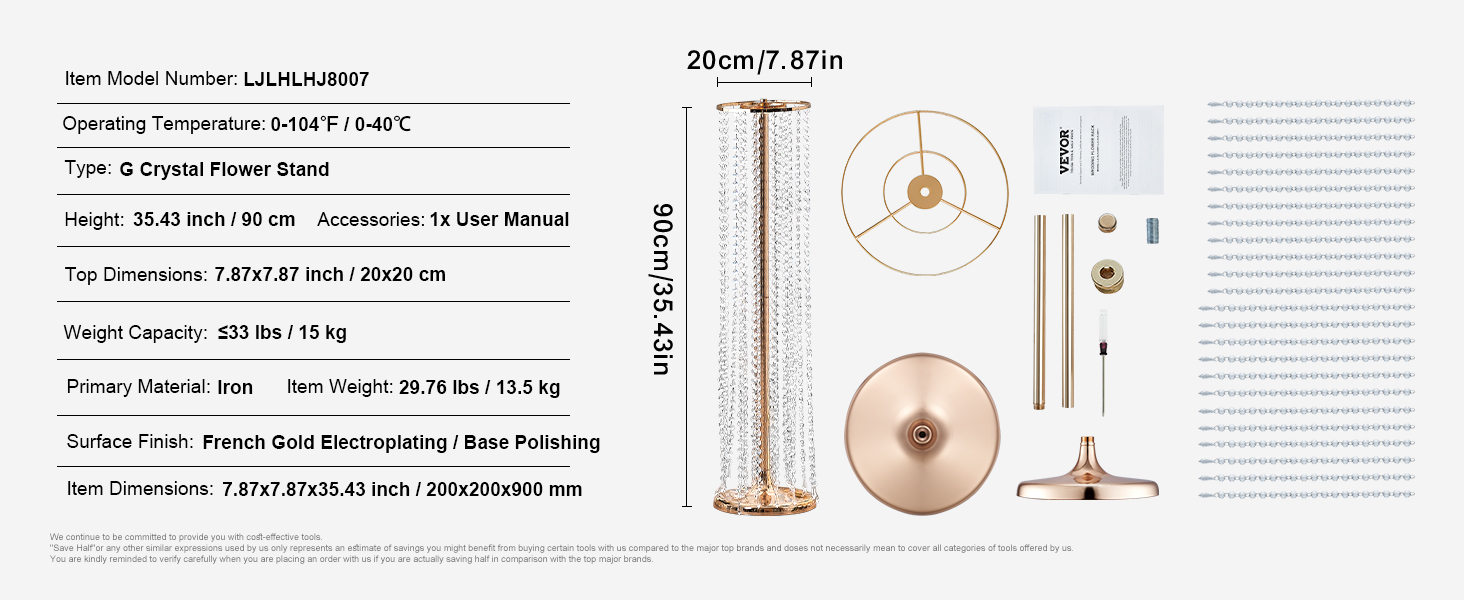 VEVOR crystal wedding flower stand, 35.43in height, iron material, gold finish, assembly parts shown.