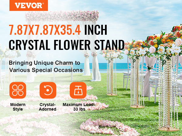 VEVOR crystal wedding flower stand at outdoor ceremony by the beach with floral decorations and white drapes.