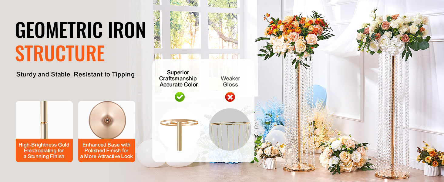 VEVOR crystal wedding flower stand with enhanced gold base, sturdy iron structure, and floral decor.
