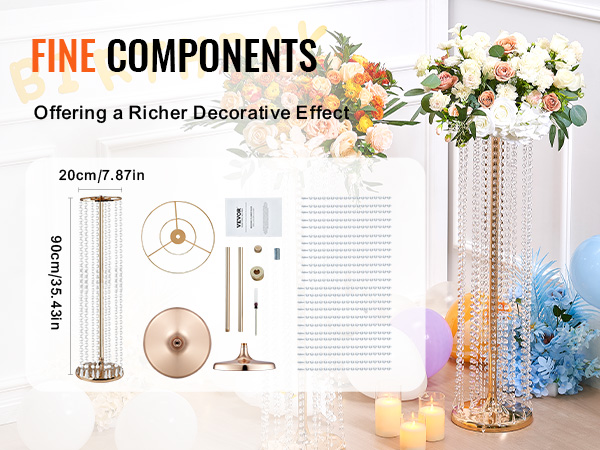 fine components for VEVOR crystal wedding flower stand, tall gold pillars with floral arrangements, birthday decor.