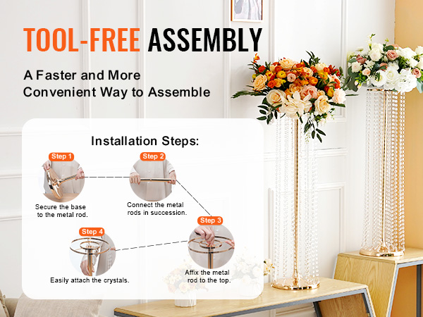 tool-free assembly guide for VEVOR crystal wedding flower stand with floral arrangements in background.