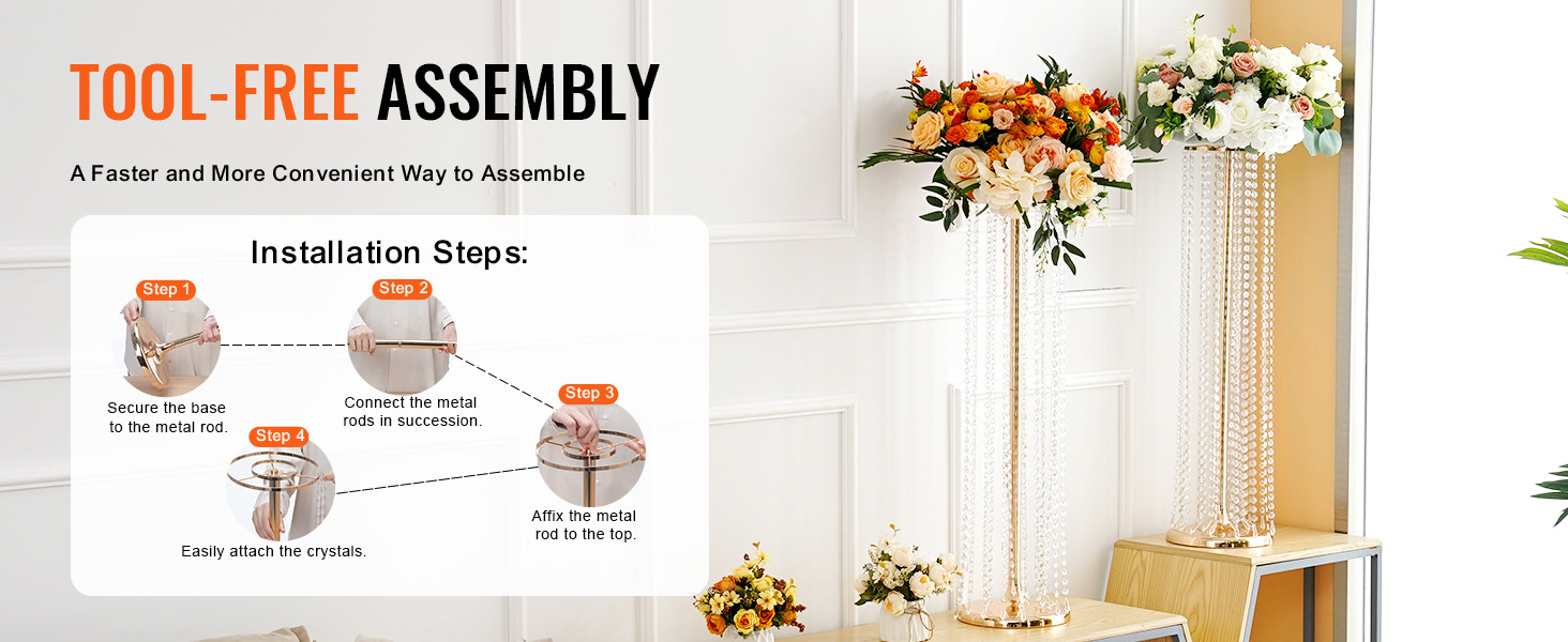 tool-free assembly guide for VEVOR crystal wedding flower stand with floral arrangements in background.