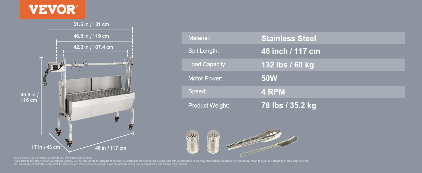 VEVOR rotisserie grill with stainless steel body, 46-inch spit, 132 lbs load capacity, and 50w motor power.