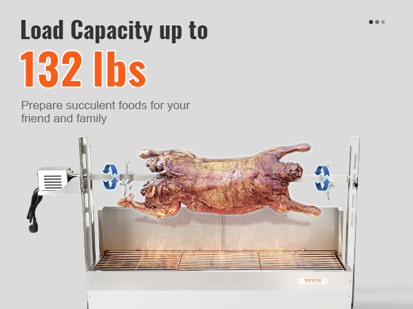 VEVOR rotisserie grill with 132 lbs load capacity, cooking a whole roast for friends and family.