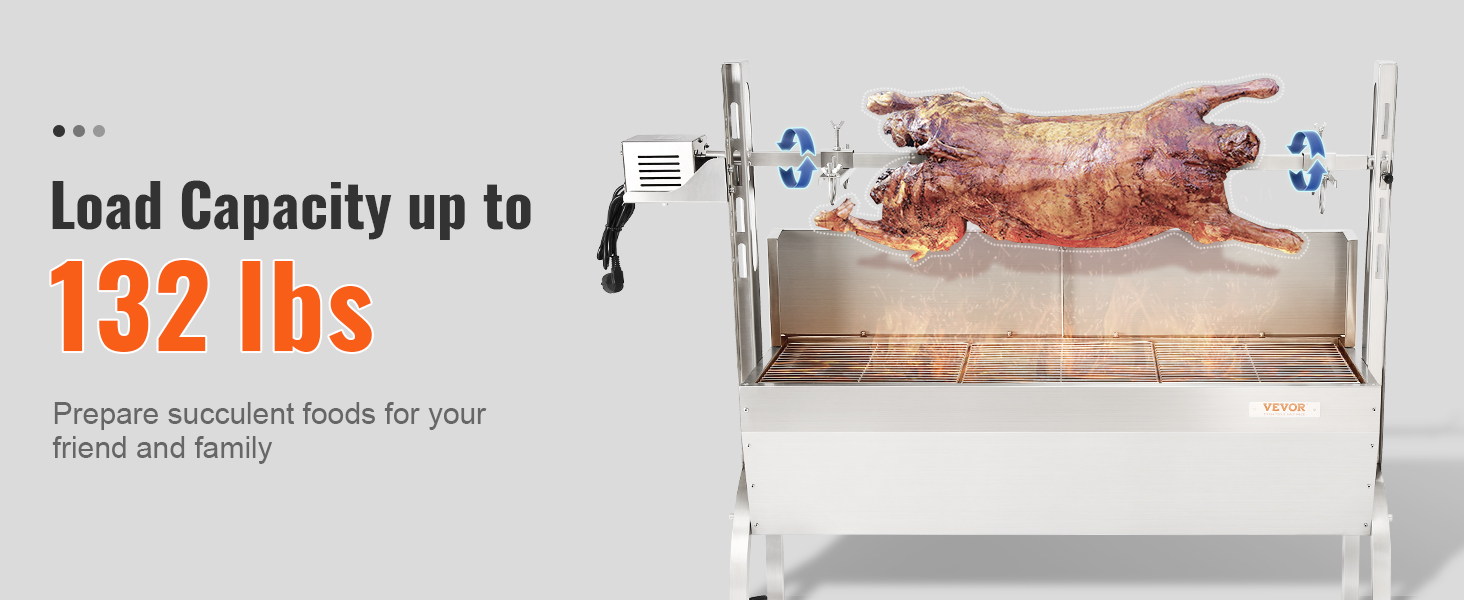 VEVOR rotisserie grill with 132 lbs load capacity, cooking a whole roast for friends and family.
