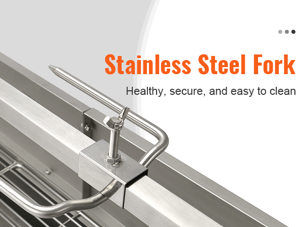stainless steel fork on VEVOR rotisserie grill, promoting health, security, and easy cleaning.