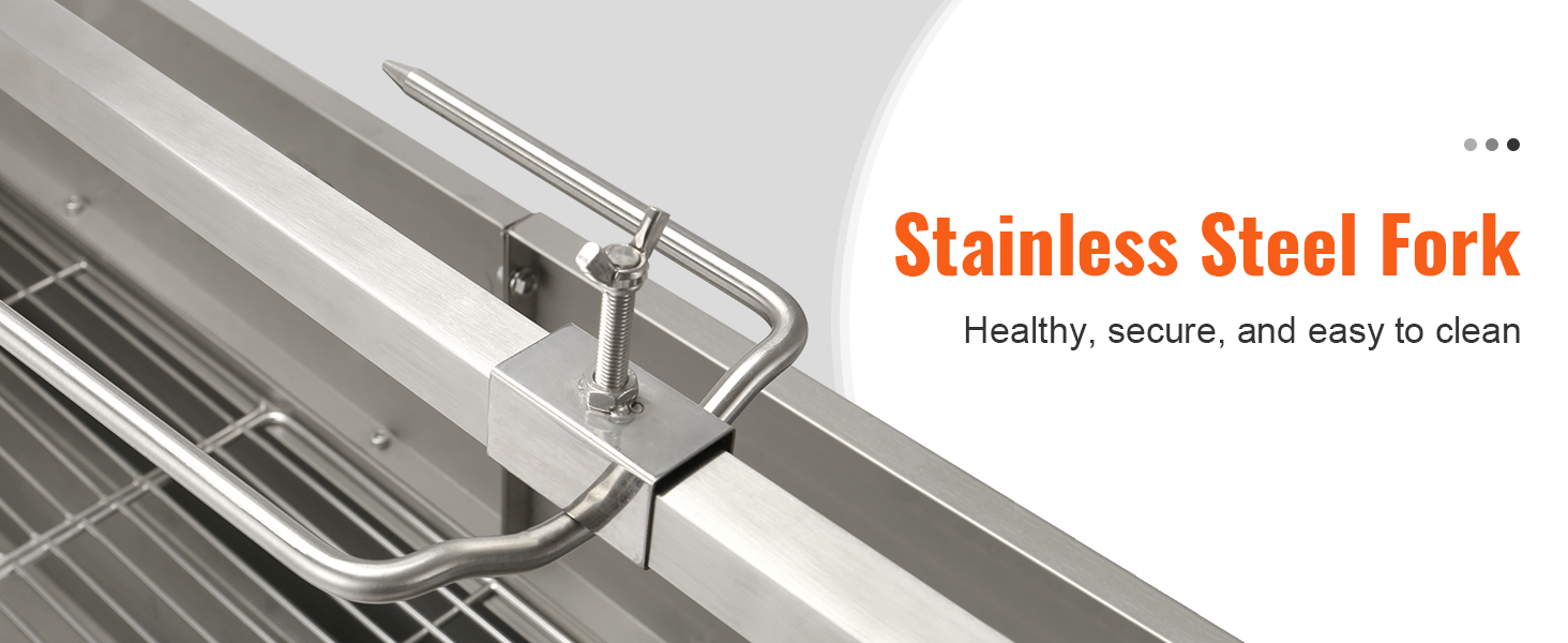stainless steel fork on VEVOR rotisserie grill, promoting health, security, and easy cleaning.