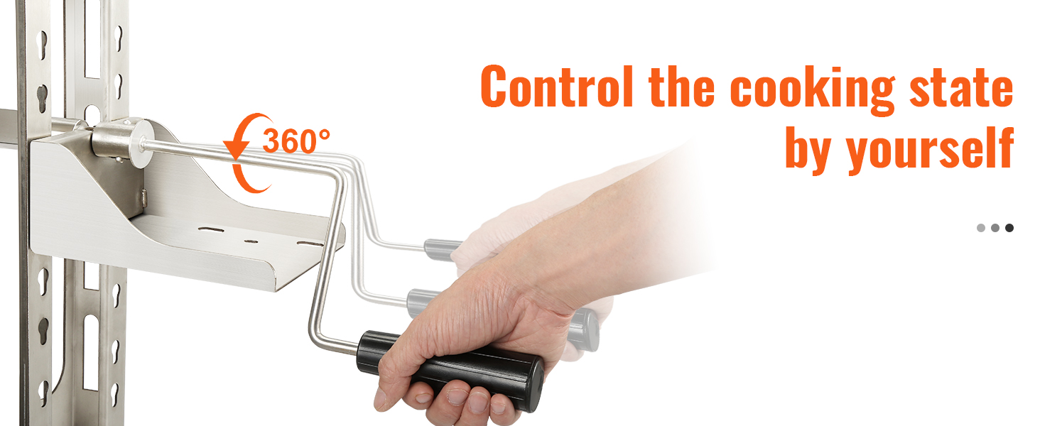 hand rotating the handle of VEVOR rotisserie grill with 360-degree control.