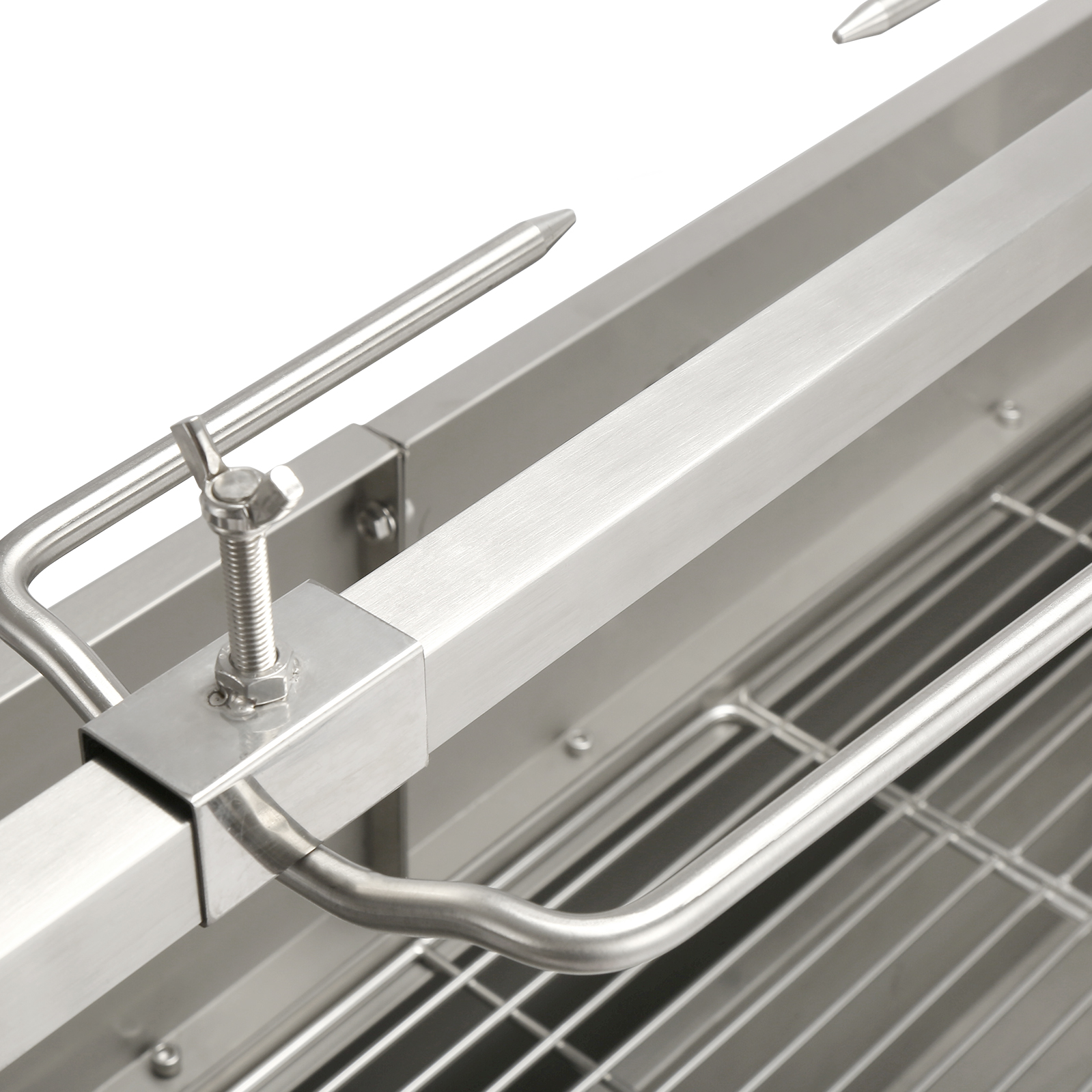 VEVOR rotisserie grill stainless steel frame with adjustable clamps and skewers.