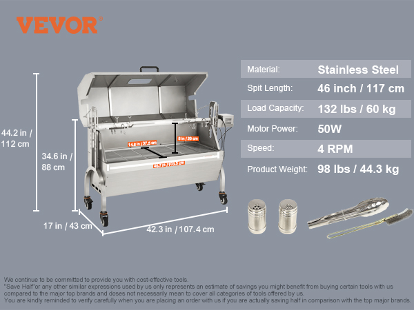 VEVOR rotisserie grill dimensions and specs: stainless steel, 46 in. spit, 132 lbs capacity, 98 lbs weight.