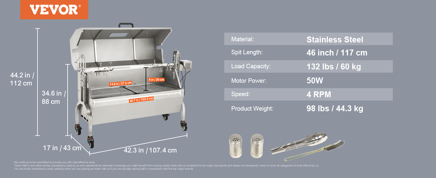 VEVOR rotisserie grill dimensions and specs: stainless steel, 46 in. spit, 132 lbs capacity, 98 lbs weight.
