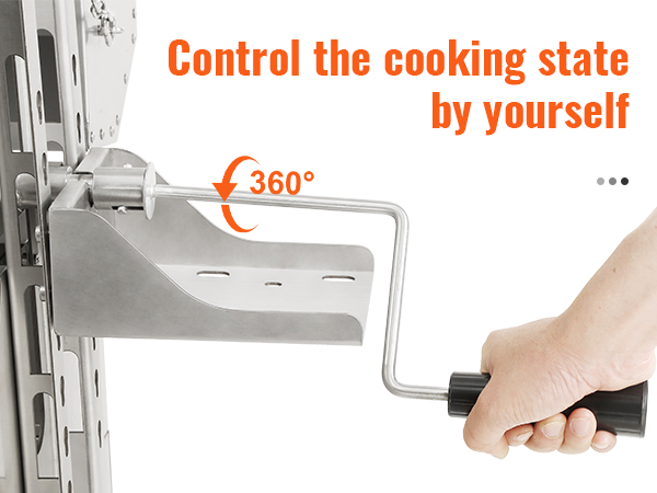 hand operating handle of VEVOR rotisserie grill showcasing 360° rotation capability with control text.