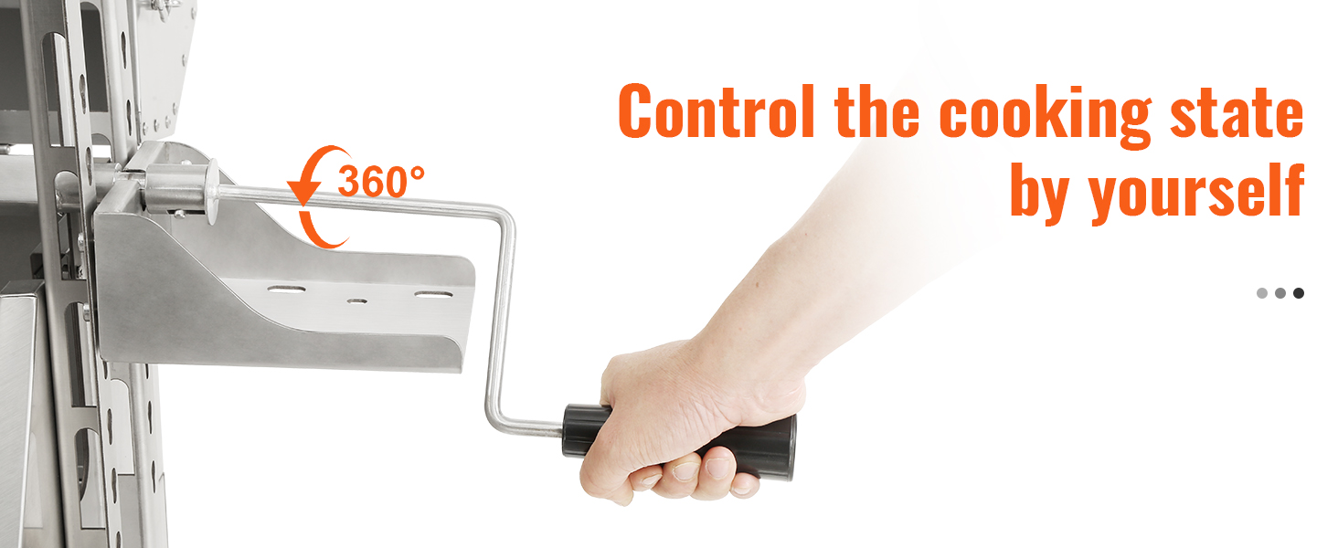 hand operating handle of VEVOR rotisserie grill showcasing 360° rotation capability with control text.