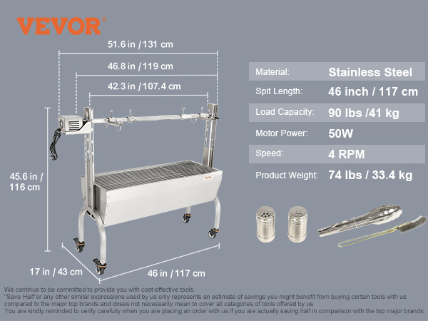 VEVOR rotisserie bbq grill with stainless steel body, 46 inch spit length, and 90 lbs load capacity.