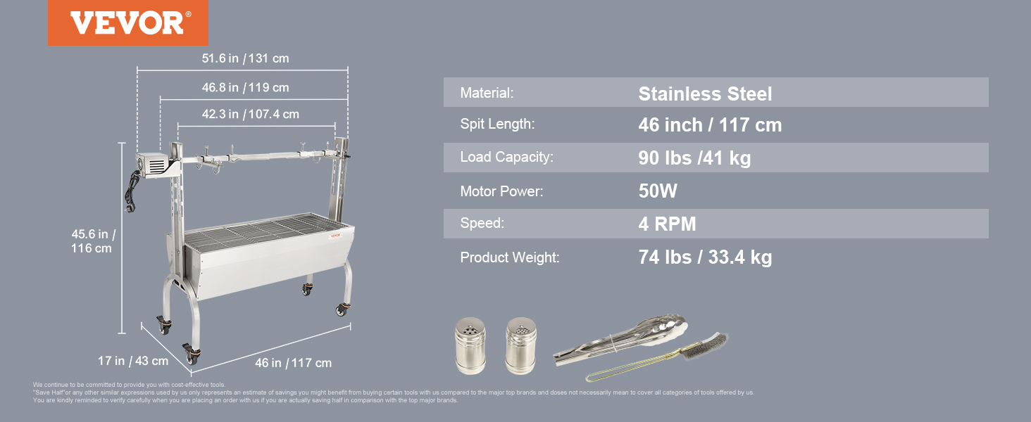 VEVOR rotisserie bbq grill with stainless steel body, 46 inch spit length, and 90 lbs load capacity.