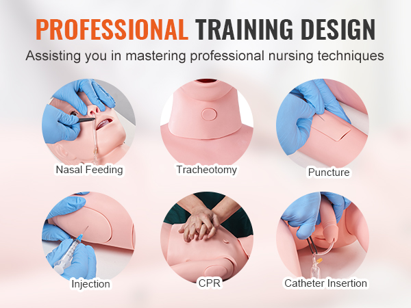 professional nursing techniques on a VEVOR nursing training manikin, including cpr, nasal feeding, and injections.