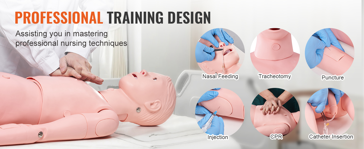 professional nursing techniques on a VEVOR nursing training manikin, including cpr, nasal feeding, and injections.