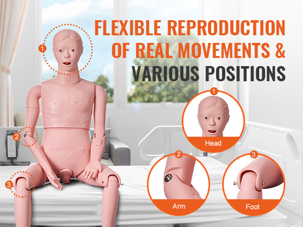 VEVOR nursing training manikin demonstrating flexible movements and various positions on a hospital bed.