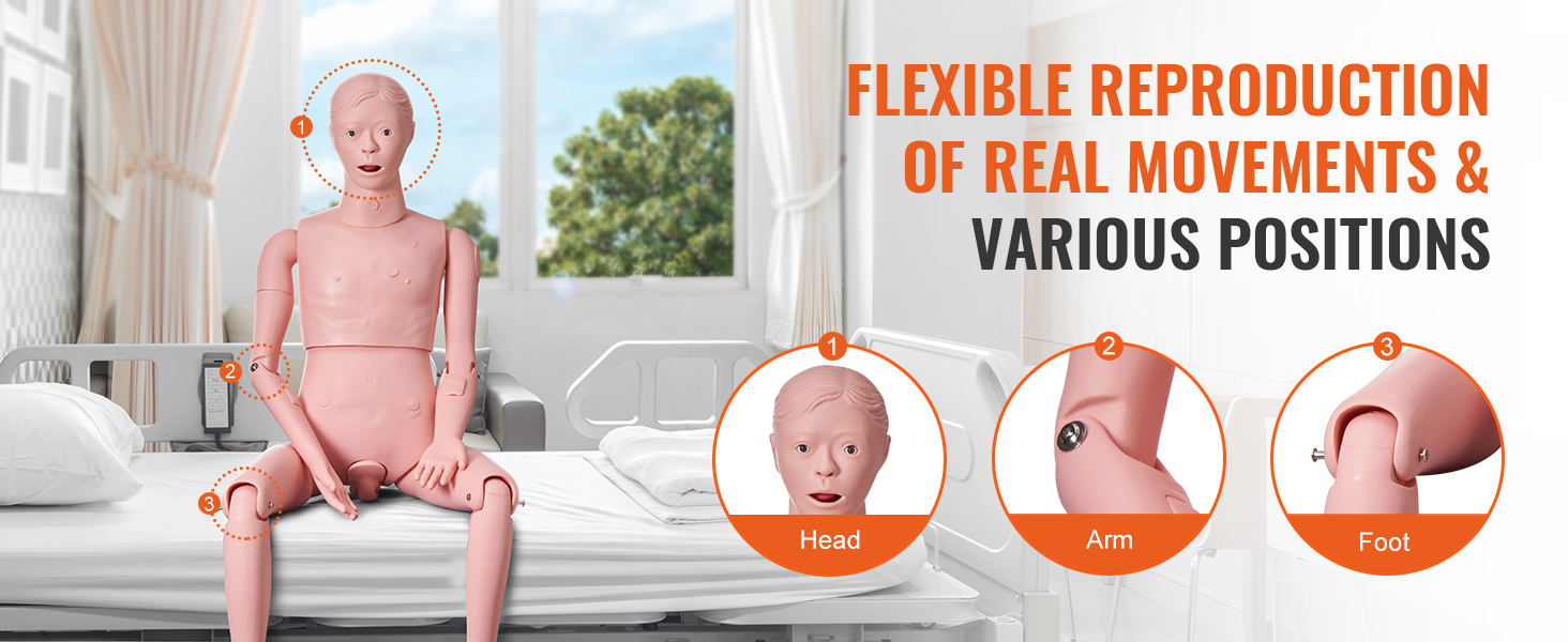 VEVOR nursing training manikin demonstrating flexible movements and various positions on a hospital bed.