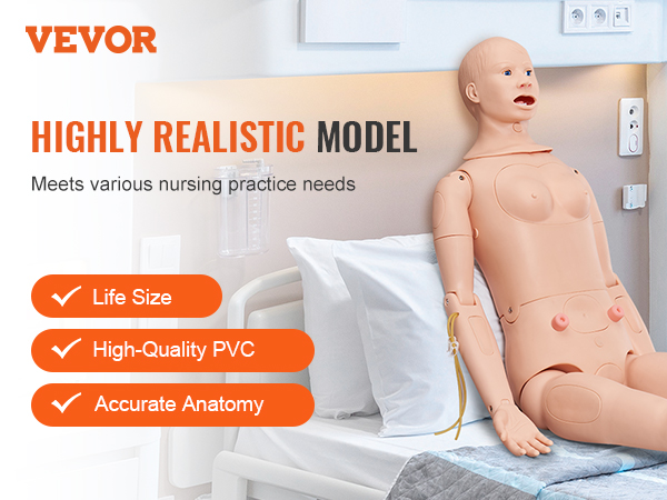 VEVOR nursing training manikin in a realistic hospital setting for lifelike practice with accurate anatomy.