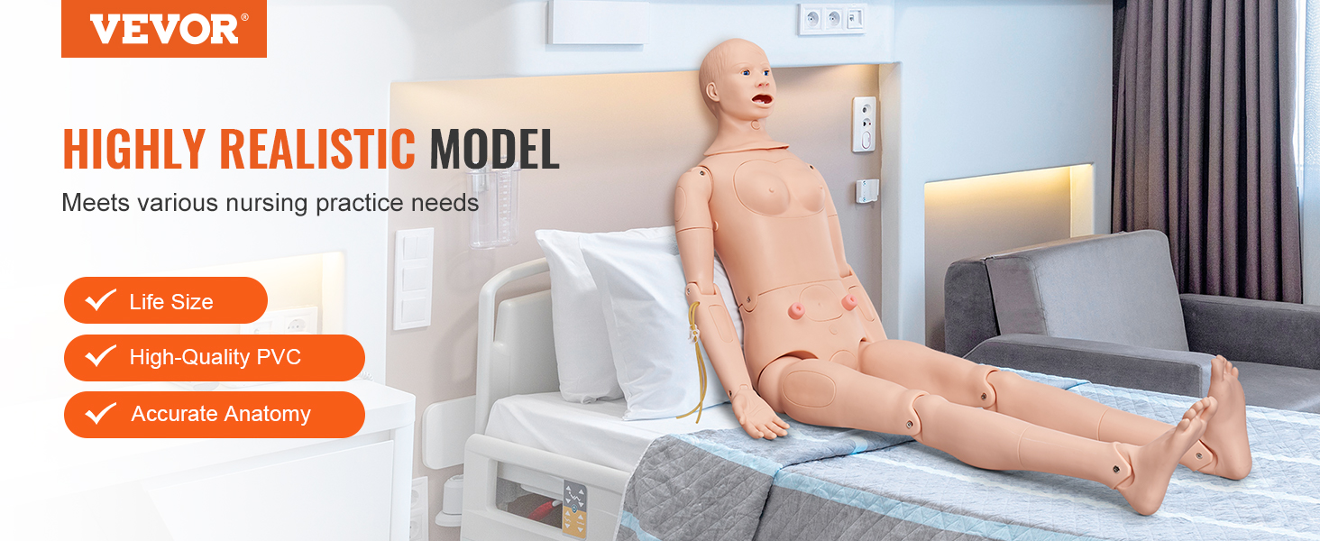 VEVOR nursing training manikin in a realistic hospital setting for lifelike practice with accurate anatomy.