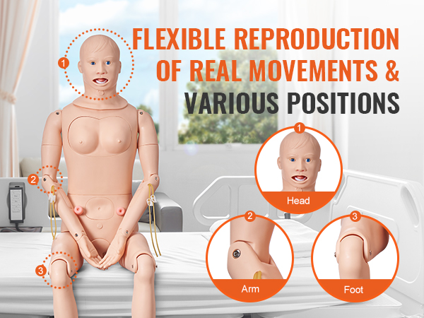 VEVOR nursing training manikin showcasing flexible reproduction of real movements and various positions.