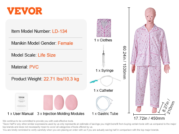 VEVOR nursing training manikin with syringe, catheter, gastric tube, clothes, and injection molding modules.