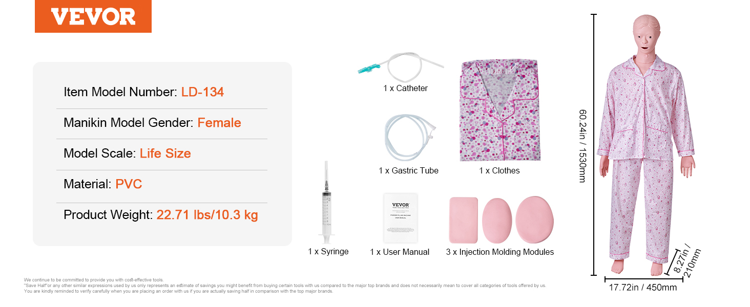 VEVOR nursing training manikin with syringe, catheter, gastric tube, clothes, and injection molding modules.