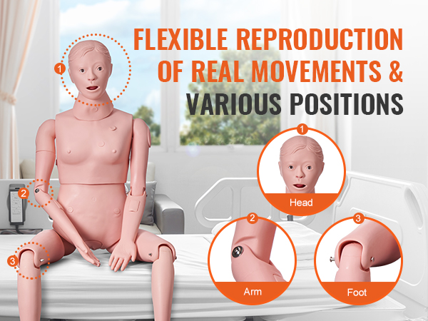 VEVOR nursing training manikin demonstrating realistic movements and various positions in a hospital room.