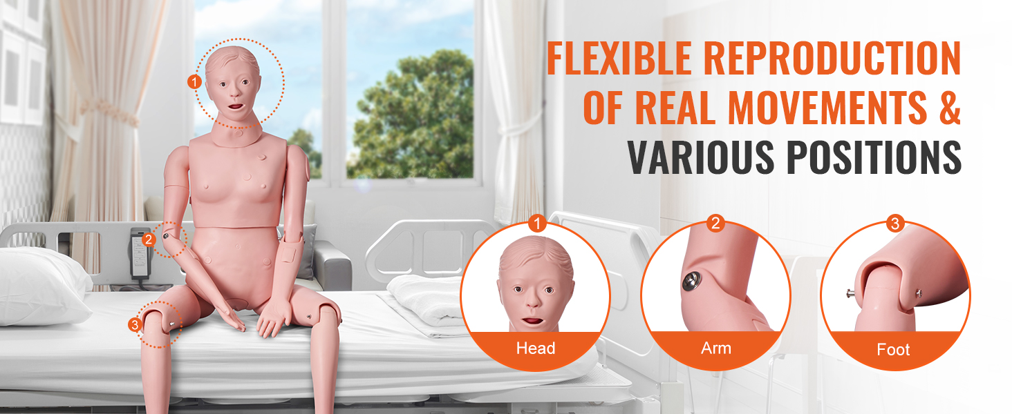 VEVOR nursing training manikin demonstrating realistic movements and various positions in a hospital room.