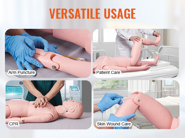 VEVOR nursing training manikin showcases arm puncture, cpr, patient care, and skin wound care tasks.