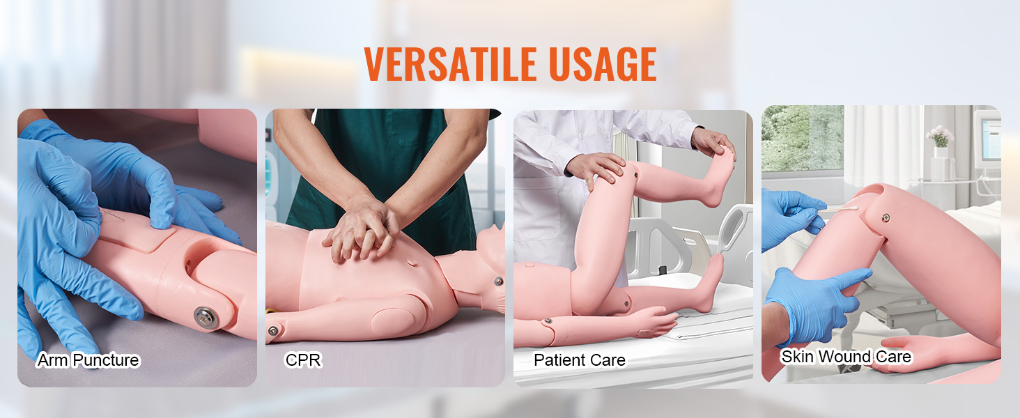 VEVOR nursing training manikin showcases arm puncture, cpr, patient care, and skin wound care tasks.