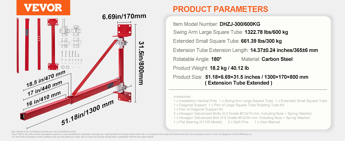 VEVOR electric hoist arm with adjustable extension, carbon steel build, and 600 kg load capacity.