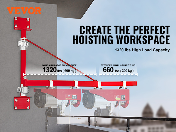 VEVOR electric hoist arm with 1320 lbs high load capacity and 3.8mm tube thickness for hoisting.