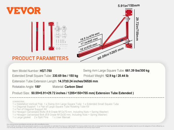 VEVOR electric hoist support arm details, dimensions, and specifications; robust carbon steel, 180° rotation.