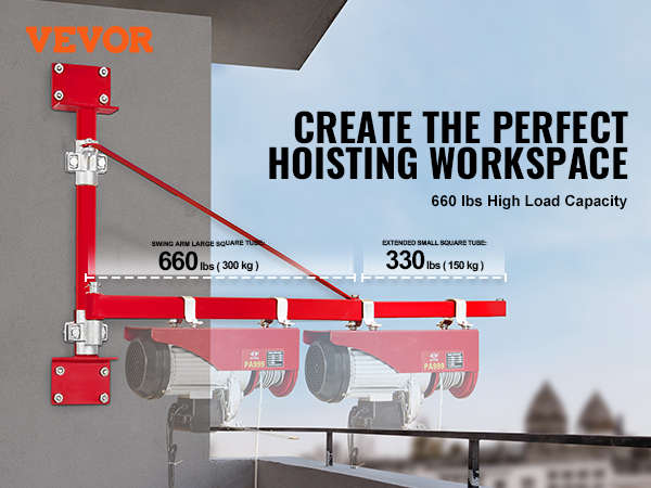 VEVOR electric hoist support arm with 660 lbs high load capacity and square tube thickness details.