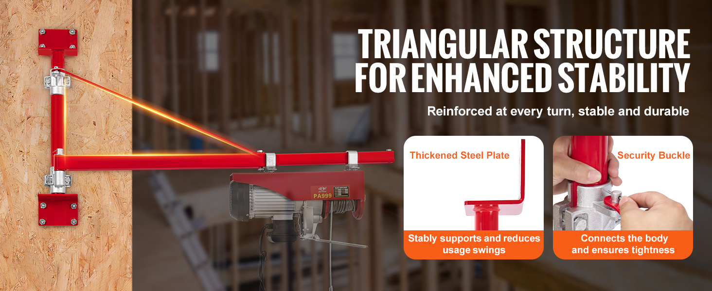 VEVOR electric hoist support arm with triangular structure for enhanced stability and thickened steel plate.
