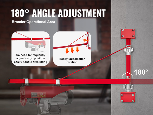 180° adjustable VEVOR electric hoist support arm for broader operational area and easy cargo lifting.