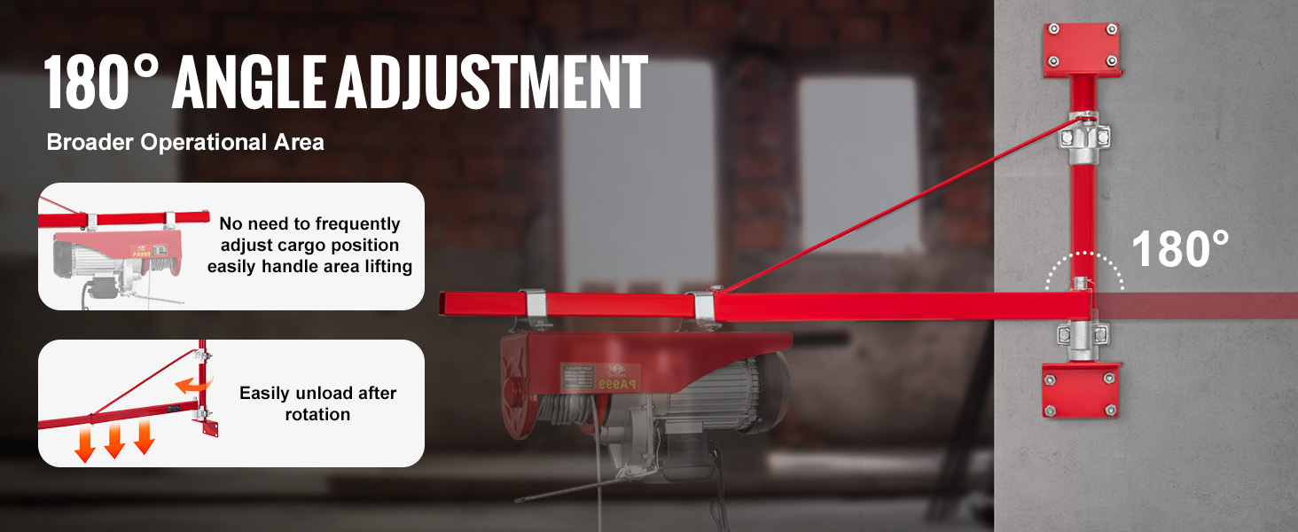 180° adjustable VEVOR electric hoist support arm for broader operational area and easy cargo lifting.