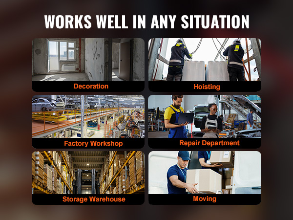 works well in decoration, hoisting, moving, factory workshop, repair department, storage warehouse.
