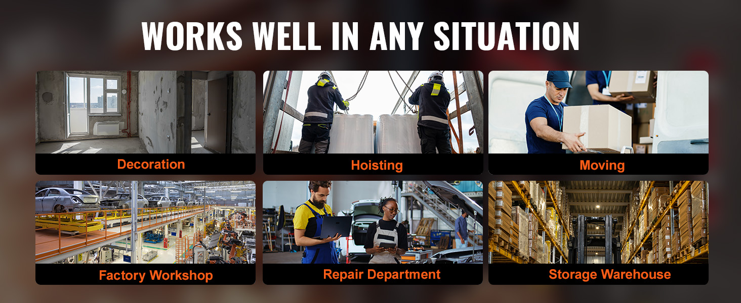 works well in decoration, hoisting, moving, factory workshop, repair department, storage warehouse.