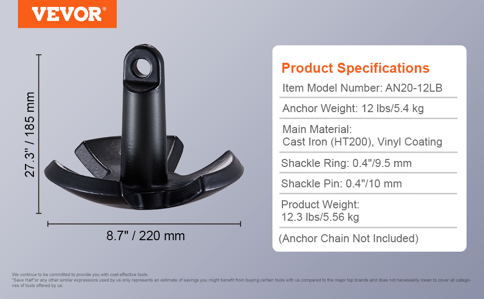 VEVOR river anchor specifications: 12 lbs, cast iron, vinyl-coated, 8.7" width, 27.3" height, model an20-12lb.