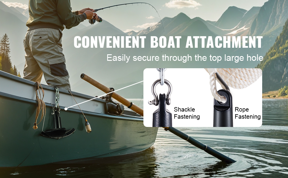 fishing from a boat equipped with a VEVOR river anchor, showcasing shackle and rope fastening details.