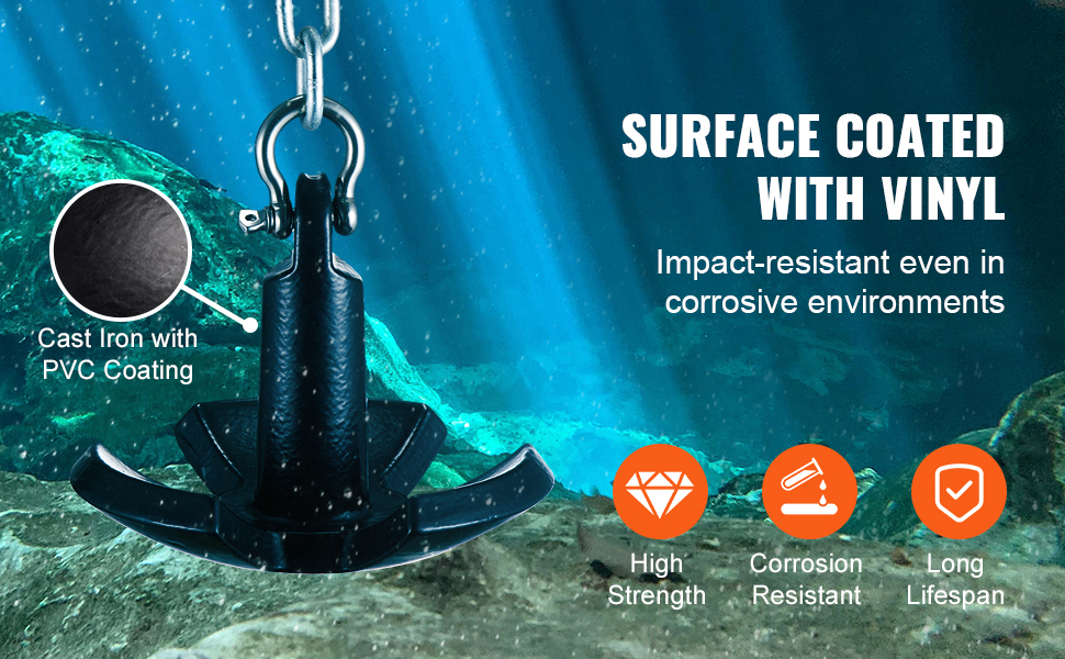 VEVOR river anchor underwater with cast iron, pvc coating, and vinyl surface, highlighting durability.