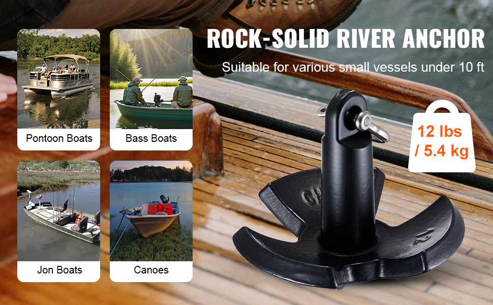 VEVOR river anchor for pontoon, bass, jon boats, and canoes; 12 lbs, suitable for vessels under 10 ft.