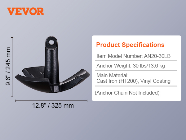 VEVOR river anchor, model an20-30lb, 30 lbs cast iron with vinyl coating, 9.6"x12.8" dimensions.