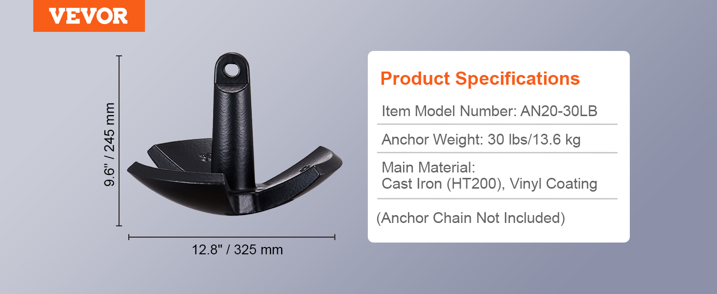 VEVOR river anchor, model an20-30lb, 30 lbs cast iron with vinyl coating, 9.6"x12.8" dimensions.