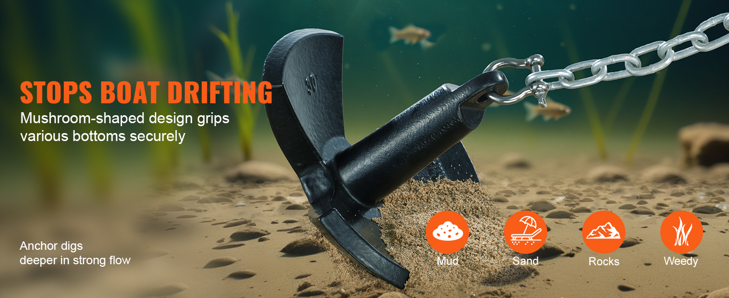 VEVOR river anchor secures boats on diverse bottoms like mud, sand, rocks, and weedy areas.